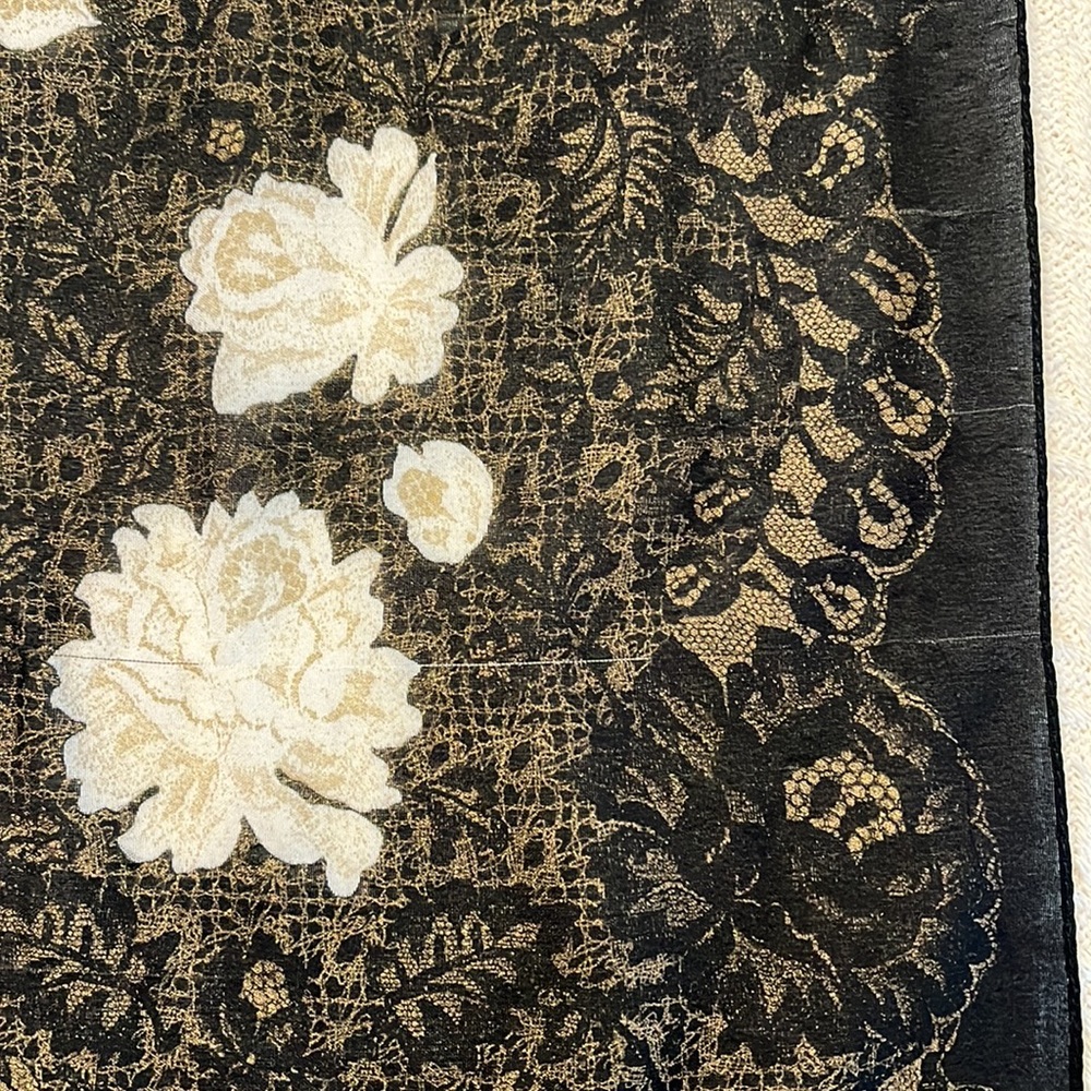 Vintage Grey & Black Floral Scarf with Fringe pinup retro rockabilly flowers